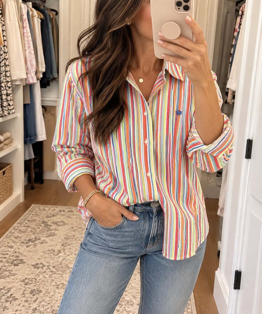 Lauren Ralph Lauren Button-Down Shirt Size L Rainbow Striped Linen